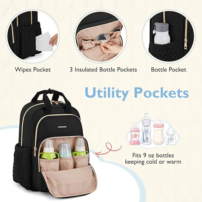 mommore Diaper Bag Small Diaper Backpack Stylish Baby Travel Backpacks with Insulated Pockets, Changing Pad, Stroller Straps