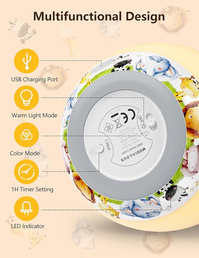 MediAcous Night Light for Kids & Babies - 7 Color LED Touch Lamp with Stepless Dimming for Nursery & Bedroom