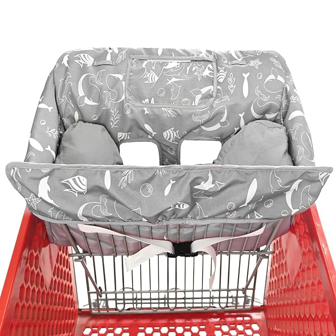 Soft Pillow Attached 2-in-1 Shopping Cart and High Chair Cover for Baby, Cotton Padded Cart Cover, Fold'n Roll Style, Portable with Carry Bag (Gray Seaworld)