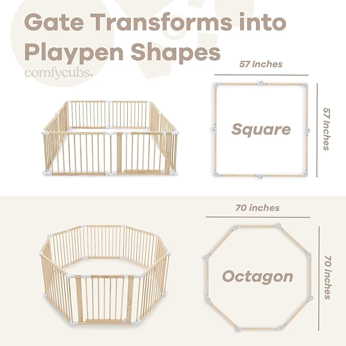 Comfy Cubs Baby Gate Playpen - 57 x 57 x 25 in, Extends Up to 228” - Pine Wood Foldable Playpen with Child-Proof Lock - Easy Assembly Baby Fence Play Area for Babies & Toddlers - Light Wood White