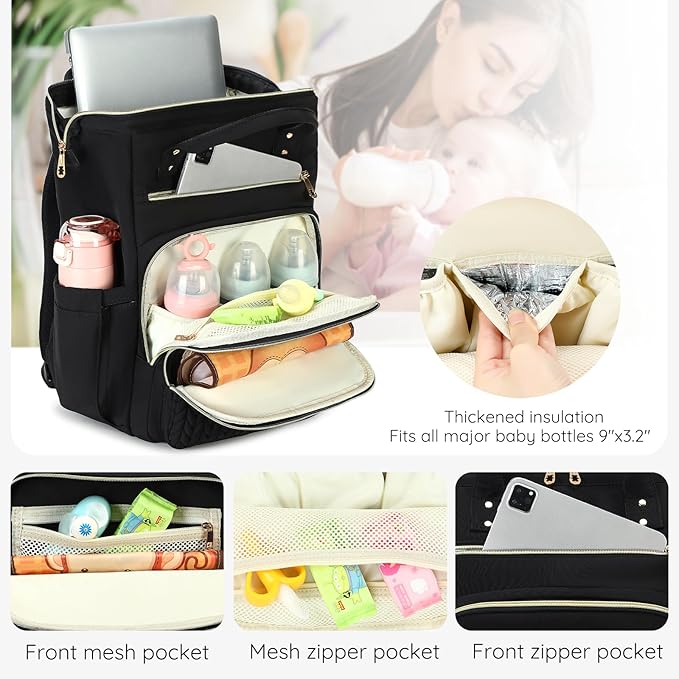 AIJIEKE Diaper Bag, Large Wide-Open Baby Diaper Backpack, Multi-functional Baby Travel Tote Bag, Diaper Bag with Changing Pad, Diaper Bags for Mom & Maternity (Black)