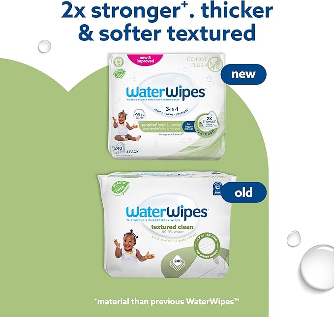 WaterWipes Textured Clean, Toddler & Baby Wipes, 99.9% Water, 3-In-1 Cleans, Cares, Protects, Unscented & Hypoallergenic, 240 Count (4 Packs), Packaging May Vary