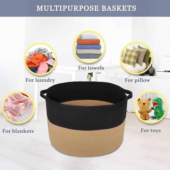Extra Large Blanket Basket 87L, Laundry Hamper, Baby Nursery Hamper for Storage Toys Clothes Towels, Large Cotton Rope Laundry Basket for Girls Boys, 22”x 14”, Black & Jute