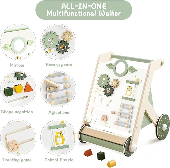 Beright Wooden Baby Walker with Roller Upgraded, Push and Pull Learning Activity Walker, Multi-Functional Kidsâ Activity Toys, Develops Motor Skills & Stimulates Creativity, Green