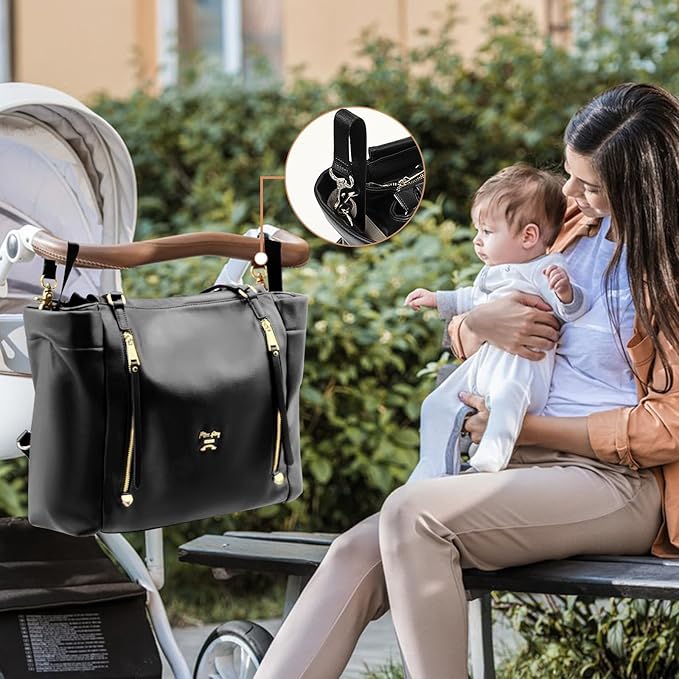 miss fong Diaper Bag Tote Leather Diaper Bag Backpack,Large Capacity Mommy Bag Hospital Bag,12 Pockets Travel Diaper Tote with Changing Pad,Stroller Straps & Insulated Pockets for Mom & Dad-Black