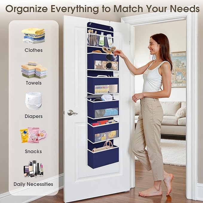 6-Tier Over The Door Organizer Hanging Storage Organizers with Clear Window 40lb Large Capacity Room Organizer for Pantry Bathroom Nursery Closet(Blue)