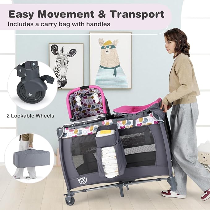 BABY JOY 5 in 1 Pink Pack and Play, Portable Baby Playard with Bassinet & Changing Table, Infant Pink Bassinet Nursery Center w/Toys & Music & Oxford Bag for Baby Girl Toddlers (Rose, Dot Circle)