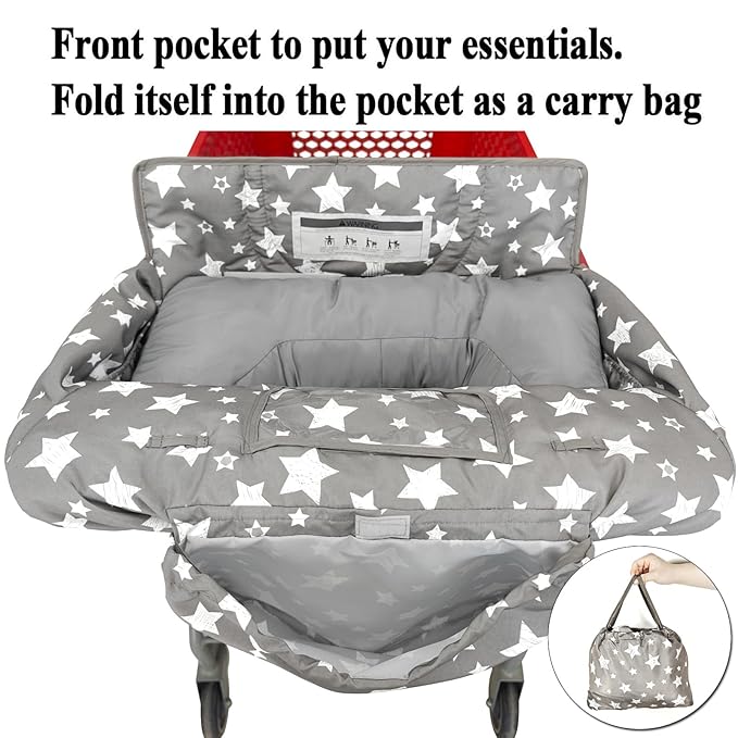 Soft Pillow Attached 2-in-1 Shopping Cart and High Chair Cover for Baby, Cotton Padded Cart Cover, Fold'n Roll Style, Portable with Carry Bag (Gray Stars)