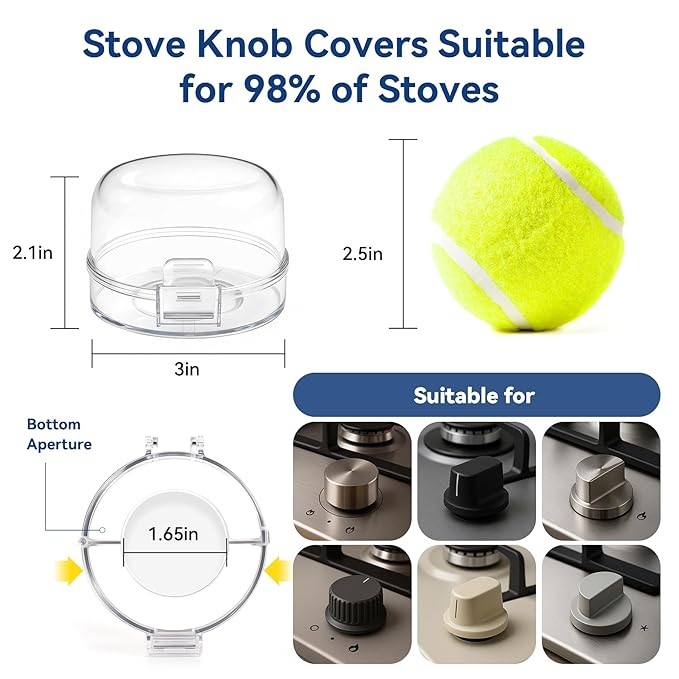 Stove Knob Safety Covers, 5Pcs Universal Size with 5 Heat Alert Stickers Oven Knob Covers for Child Safety, 2nd Gen Kitchen Burner Childproofing, Gas Stove Knob Locks for Kid Baby Pet (Clear)