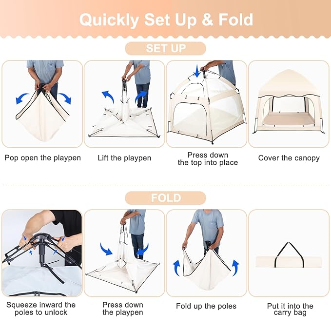 Portable Baby Playpen with Canopy, Infant Play Yard, Beach Tent, Mosquito Net for Indoor and Outdoor (Beige)