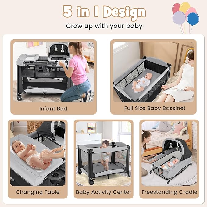 BABY JOY 4 in 1 Pack and Play, Portable Baby Playard with Bassinet & Diaper Changing Table, Infant Bassinet Baby Crib Activity Center with Toys & Oxford Bag from Newborn to Toddlers (Dark, Classic)