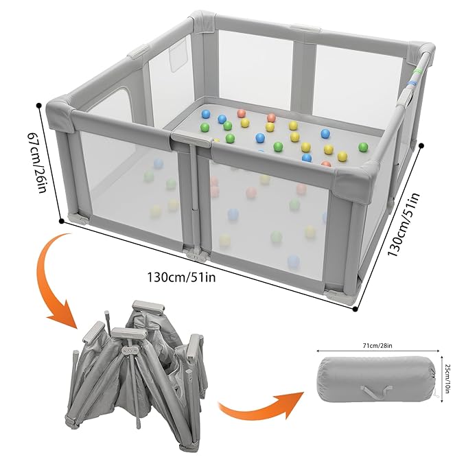 Foldable Baby Playpen, 51" Playpen for Babies and Toddlers with Mat Ocean Balls and Pull Links, Play Pen with Soft Breathable and Visible Mesh, Indoor and Outdoor Portable Play Pen, Gray