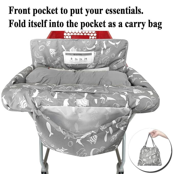 Soft Pillow Attached 2-in-1 Shopping Cart and High Chair Cover for Baby, Cotton Padded Cart Cover, Fold'n Roll Style, Portable with Carry Bag (Gray Seaworld)