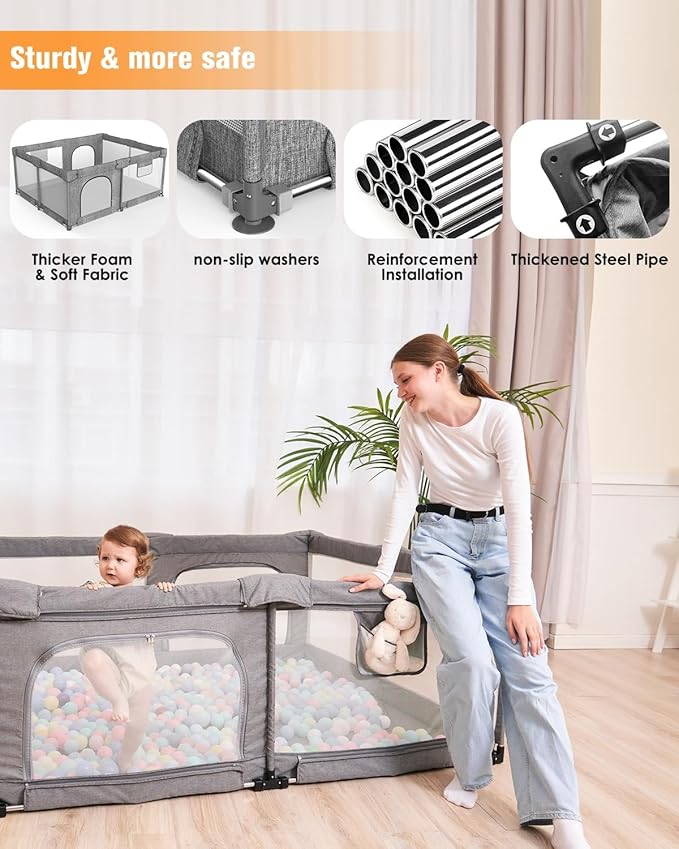 Foldable Baby Playpen with Gate, Extra Large Collapsible Play Yard for Babies & Toddlers, Portable Travel Playpen, Baby Activity Center for Indoor & Outdoor Use (Grey 59"×71")