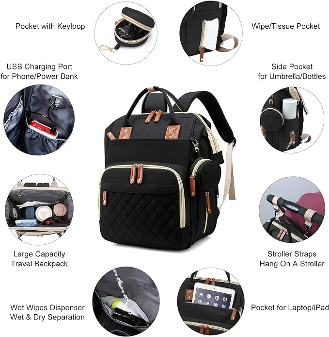 Diaper Bag with Changing Station, Waterproof 3 in 1 Baby Diaper Backpack with Foldable Changing Pad, Large Travel Back Pack for Baby Girl Boy, Baby essentials, Black