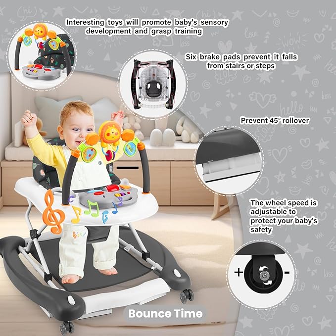 Baby Walker, 5 in 1 Baby Walkers for Boys Girls 6-12 Months, Foldable Walkers for Babies with Bouncer & Feeding Tray, Music, Adjustable Heights, Activity Walker for Infant