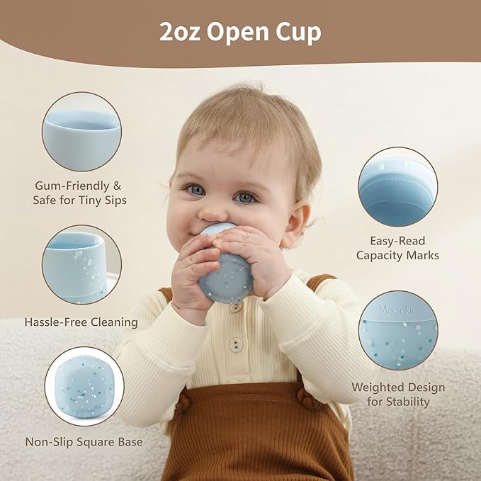 Moonkie Silicone Baby Cups 4 Months+ | Tiny Open Training Cups for Infants with Confetti Sprinkles | Baby-Led Weaning Essential | 2 oz (Ether/Mint, 2 Pack)
