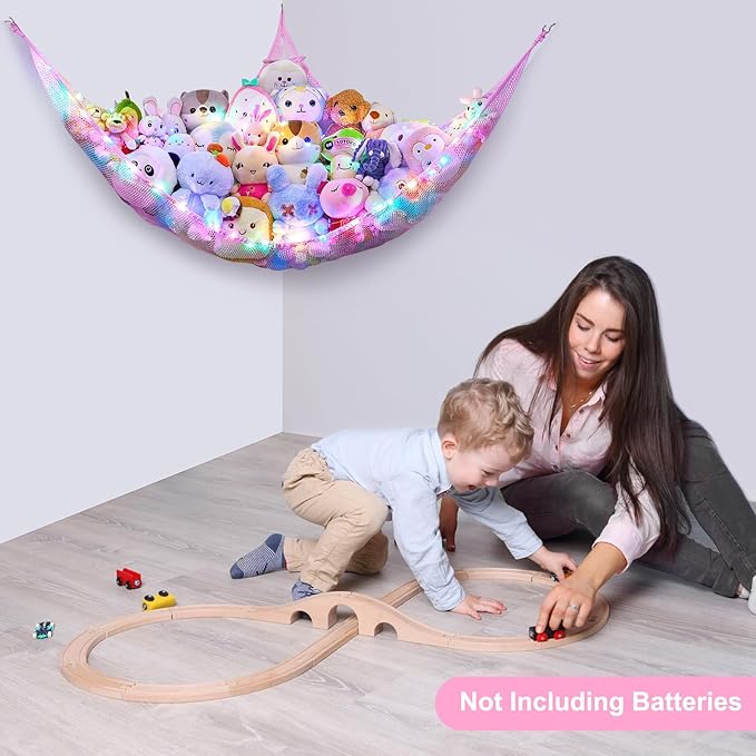Unicorn Castle Stuffed Animals Net or Hammock Kids Toy Storage Organizer with LED Light Hanging Corner Stuffed Animals Holder Kids Girls Room Decor (Pack of 1)