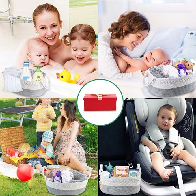 Baby Diaper Caddy Organizer - Extra Large Nappy Caddy Rope Nursery Storage Bin - Baby Basket with 8 Pockets, 5 Compartments and 2 Removable Dividers