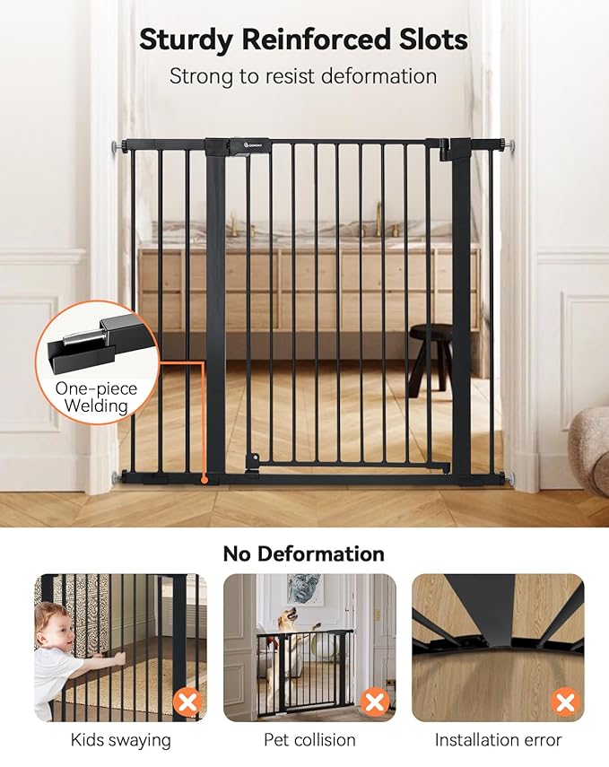 COMOMY 36" Extra Tall Baby Gate for Stairs Doorways, Fits Openings 29.5" to 46" Wide, Auto Close Extra Wide Dog Gate for House, Pressure Mounted Easy Walk Through Pet Gate with Door, Black