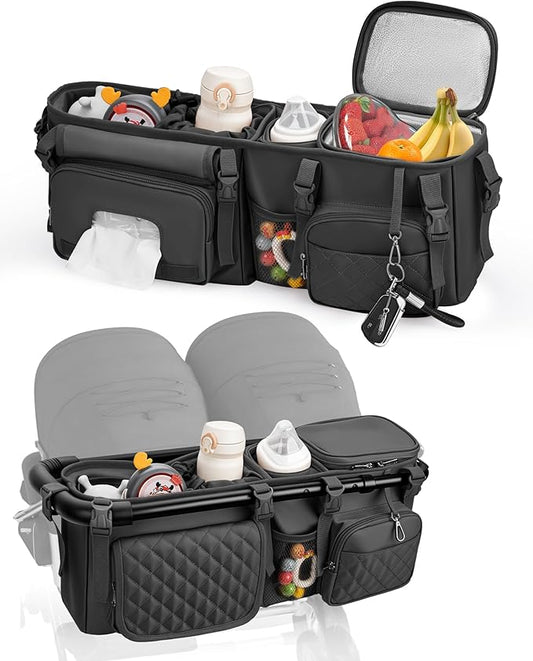 kcross Double Stroller Organizer Bag for Bob Duallie and Baby Jogger City Mini Gt2, Double Stroller Caddy Organizers with Cup Holder,Parent Console Stroller Accessories with Cooler Pockets
