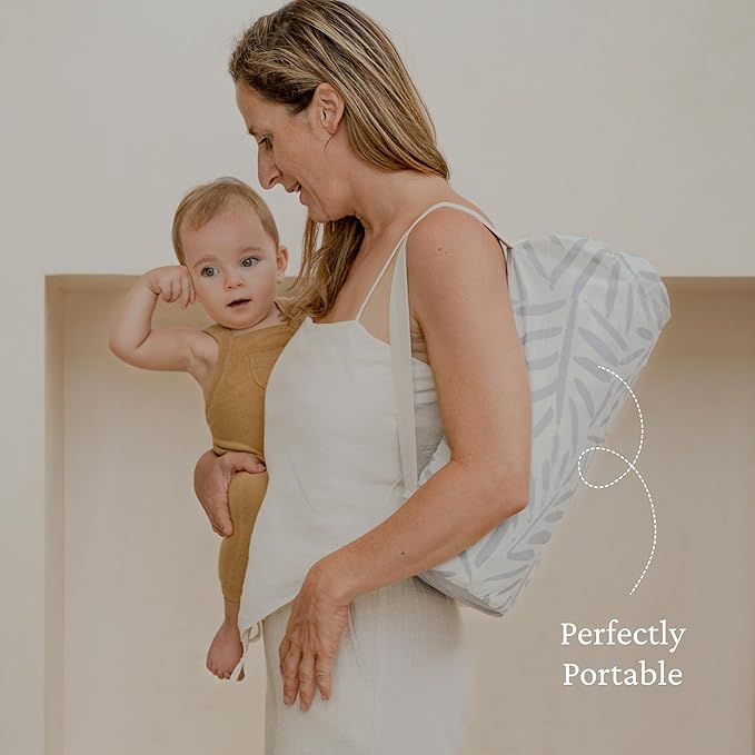 Toddlekind Pretty Practical Mat 100% Organic Cotton 47" x 47”, Reversible, Portable, Travel, Portable, Indoor/Outdoor, for Babies/Toddlers, Sandy Lines-Ocean Leaves-Stone (Grey)