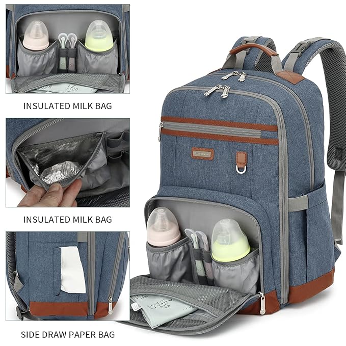 Diaper Bag Backpack, Large Baby Nappy Bags with Portable Changing Pad for Boys and GirlsMultifunction Travel Baby Bag for Moms Dads, Shower Gifts Waterproof and Stylish,Deep Blue