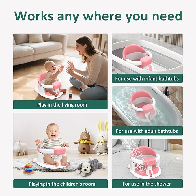 Baby Bath Seat for Babies 6 Months & Up, 360°Protection Bath Seats for Babies Sitting Up, Lockable Armrests, Non-Slip Comfortable Toddler Bath Seat with Soft Cushion