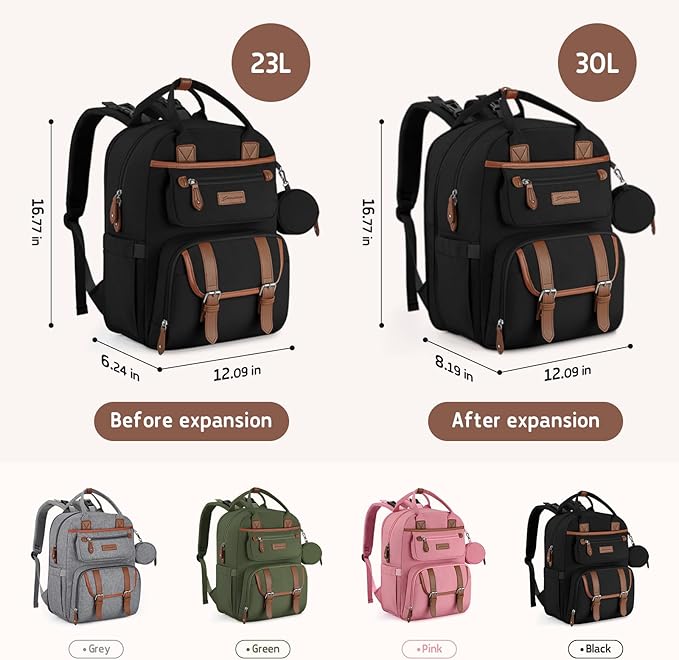 Maelstrom Diaper Bag Backpack,Baby Bag,23L-30L Expandable Diaper Backpack for Mom Dad,Travel Essentials Baby Bag with Changing Pad&Stroller Clips & Pacifier Bag,Black