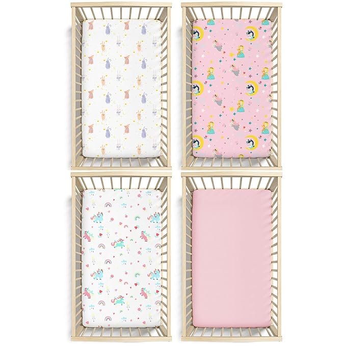 Plushii 4 Pack Fitted Crib Sheets for Baby Girls, 28"x 52" Extra Soft Microfiber Crib Sheet Set for Standard Crib & Toddler Mattress Pad, Rabbit & Moon & Bunny & Pink