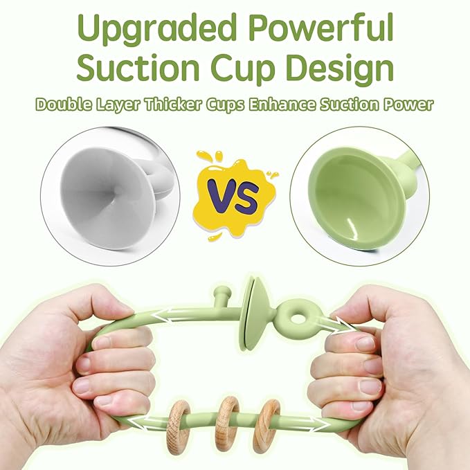 Baby Sensory Teething Chew High Chair Suction Toys for Infant Toddlers 6 12 18 24 Months, Food Grade Silicone Teether with Oak Loop Montessori Educational Baby Bath Toy Gifts (Green)