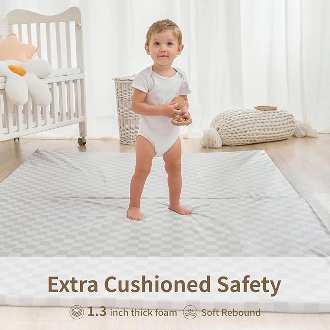 Large Vegan Leather Baby Play Mat for Floor,1.3"Thick Foam 59x82 Foldable Waterproof Kids Play Mat,Stylish and Just Wipe-Clean Playmat for Baby Play on Floor (Grey Checker)