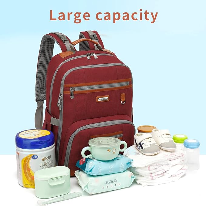 Diaper Bag Backpack, Large Baby Nappy Bags with Portable Changing Pad for Boys and GirlsMultifunction Travel Baby Bag for Moms Dads, Shower Gifts Waterproof and Stylish,Red