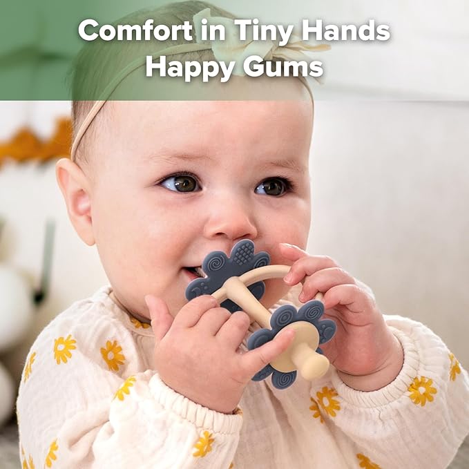 haakaa Silicone Twin Flower Teether,Nipple-Shaped End for Gum Massage,360Β° Baby Toothbrush Head for Self-Brushing Training,Easy to Grip-Steel Blue