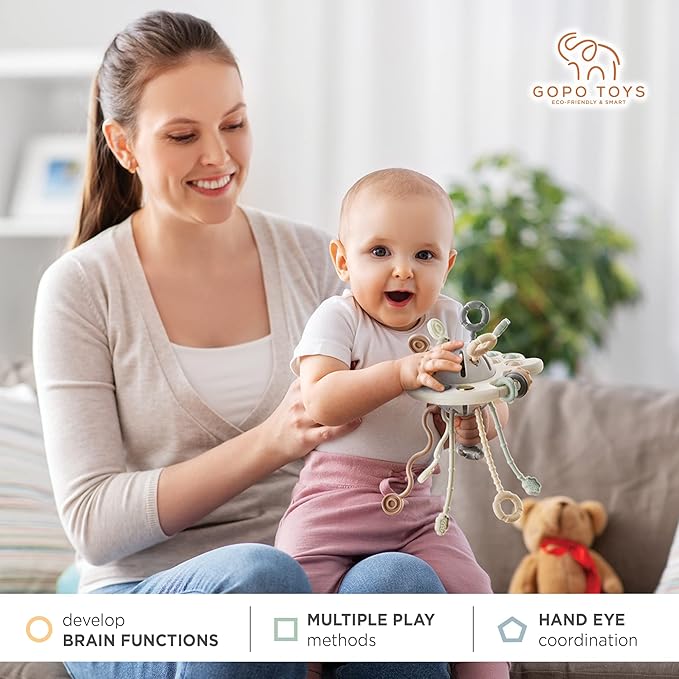 GOPO TOYS Baby Airplane Toys – Montessori Silicone Pull String Fidget for Babies 18 Months+ – Travel Toy for Plane, Car, and Stroller – Teether & Sensory Play