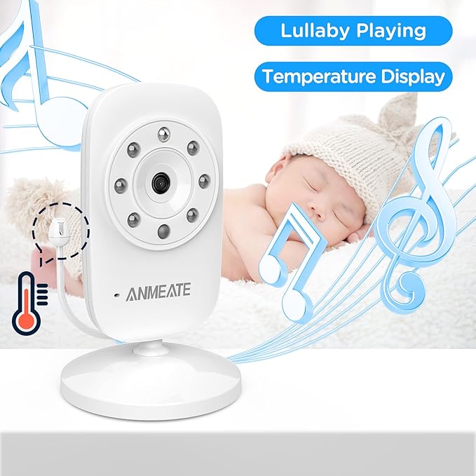 ANMEATE Video Baby Monitor with Digital Camera, Digital 2.4Ghz Wireless Video Monitor with Temperature Monitor, 960ft Transmission Range, 2-Way Talk, Night Vision, High Capacity Battery(1 Camera)
