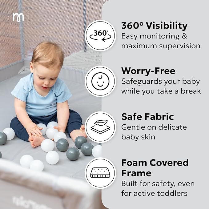 MioTetto Large Baby Playpen – Portable Play Pen, Playpen for Babies and Toddlers with Gate and Breathable Mesh – Indoor, Outdoor Baby Play Yard with Balls & Hangers - Safe and Sturdy Play Pen