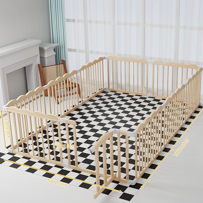 Baby Playpen, Wooden Playpen for Babies and Toddlers, Large Adjustable Wooden Baby Playard with Locking Gate, Easy to Assemble, Portable Play Pen, Infant Play Pen Play Area(102x67x24 Inch)