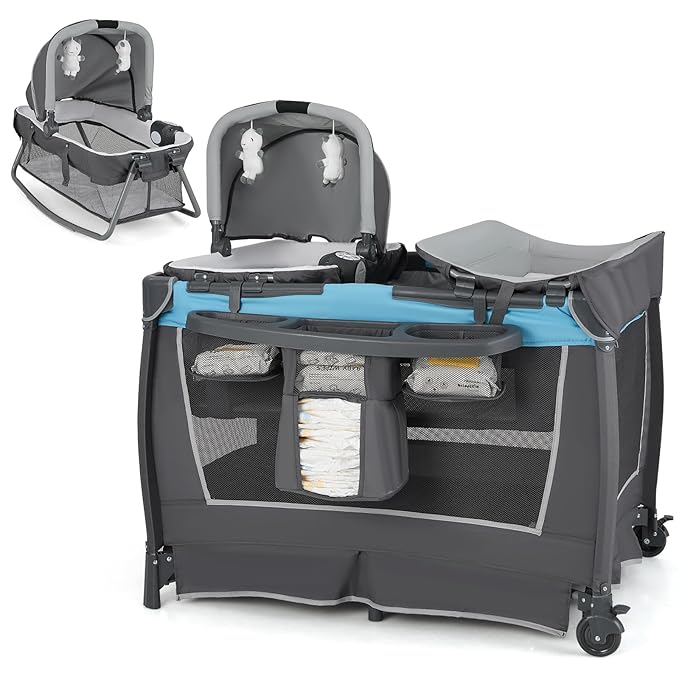 HONEY JOY Pack and Play, 5 in 1 Portable Infant Playpen with Bassinet & Changing Table, Storage Bag, Music Box, Toys, Carry Bag, Nursery Center, Baby Playard Pack n Play Crib for Boys Girls