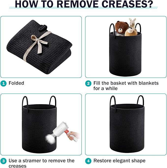 YOUDENOVA Woven Rope Laundry Hamper Basket, 72L Tall Luandry Basket, Baby Nursery Hamper for Blanket Storage in Bedroom-Large- Black