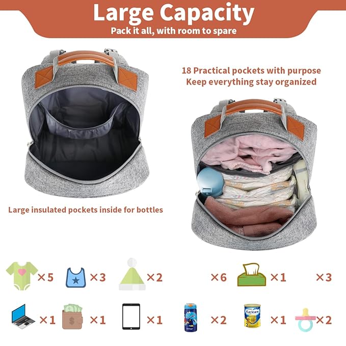 Diaper Bag Backpack, Large Baby Nappy Bags with Portable Changing Pad for Boys and GirlsMultifunction Travel Baby Bag for Moms Dads, Shower Gifts Waterproof and Stylish,Grey