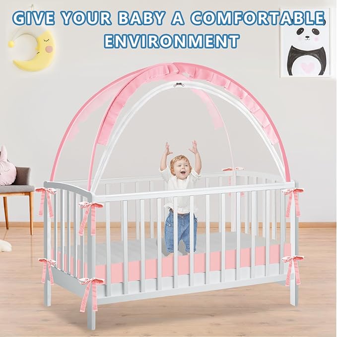 Crib Tent - Crib Net to Keep Baby in - Stop Baby from Climbing Out of Crib, Pop Up Crib Tent with Durable Breathable Net Double Zipper Strong Rods Installation (Pink, Large)