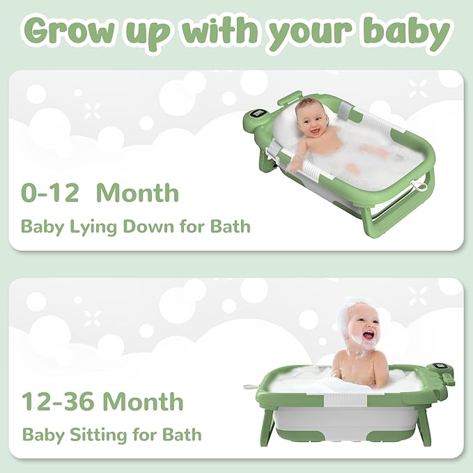 Collapsible Baby Bathtub for Newborn,Baby Tub with Soft Floating Cushion & Thermometer for Infant to Toddler, Portable Travel Bathtub with No-Slip Feet for 0-36 Months-Green