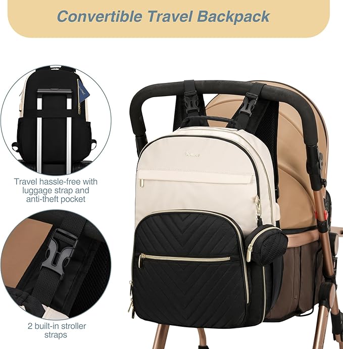 MOMUVO Diaper Bag Backpack, Quilted Baby Bag with Changing Pad & Stroller Straps & Pacifier Case, Multifunction Waterproof Travel Diaper Bags, Unisex, Black Beige
