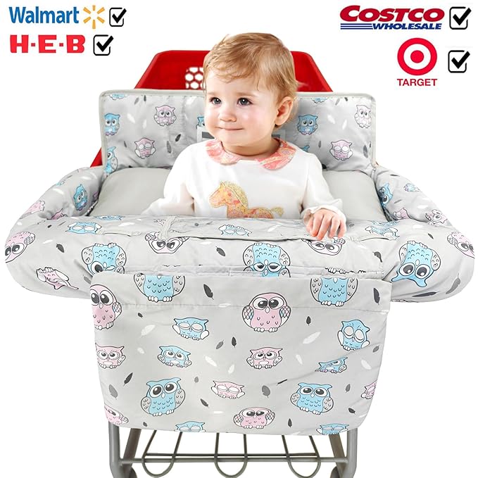 Soft Pillow Attached 2-in-1 Shopping Cart and High Chair Cover for Baby, Cotton Padded Cart Cover, Fold'n Roll Style, Portable with Carry Bag (Gray Owl)