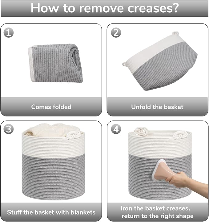 Goodpick Cotton Rope Storage Basket, 15 x 14.2 Inches Baby Laundry Baskets for Clothes, Toy Storage Blanket Basket With Handles for Living Room, Small Woven Baskets for Organizing Home Décor, Grey