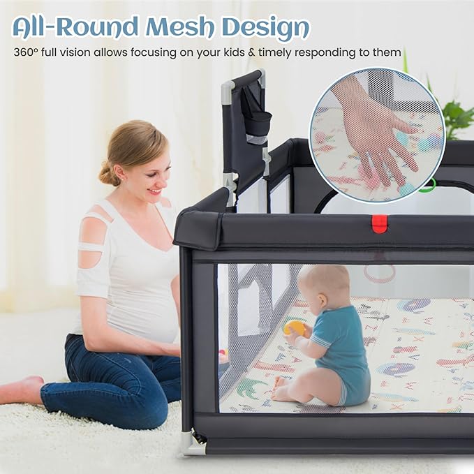 INFANS Baby Playpen, 74” x 62” Extra Large Baby Play Yard with Crawling Mat, 50 Ocean Balls, 4 Pill Up Rings, Basketball Hoop and 2 Football Gates for Toddlers, Indoor Activity Center (Dark Gray)