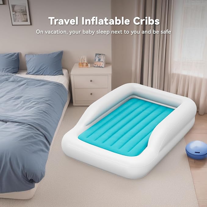 COMMOUDS Portable Toddler Travel Bed with Safety Bumpers, Inflatable Kids Air Mattress with Electric Pump, Baby Blow up Mattress, for Grandma's Home Camping Vacation