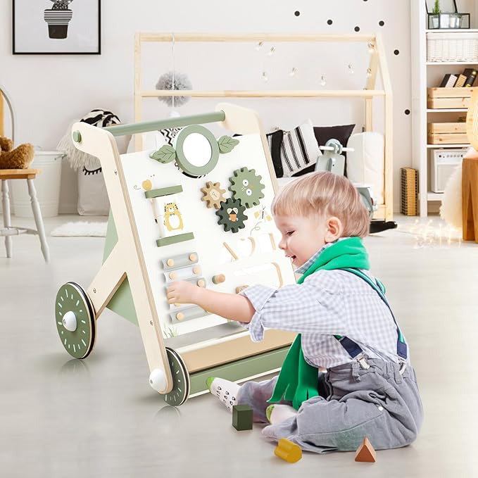 Beright Wooden Baby Walker with Roller Upgraded, Push and Pull Learning Activity Walker, Multi-Functional Kidsâ Activity Toys, Develops Motor Skills & Stimulates Creativity, Green