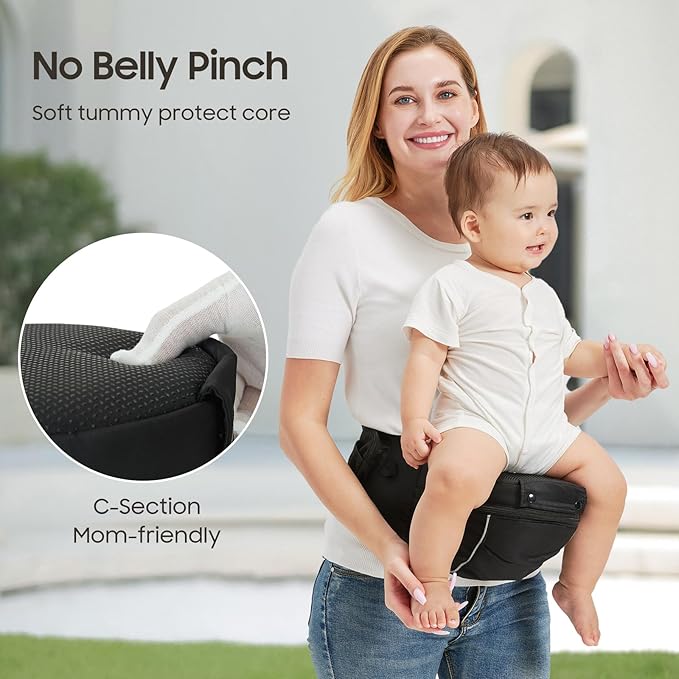 2-in-1 Baby Carrier Hip Seat - Front Back Hip Carry - Ergonomic M Seat Posture - Breathable Mesh - Newborn to Toddler 5-45 lbs (Black)
